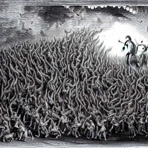 Image similar to A wide shot of a swarm of demons flying up from the depths of Hell in the style of Gustave Dore