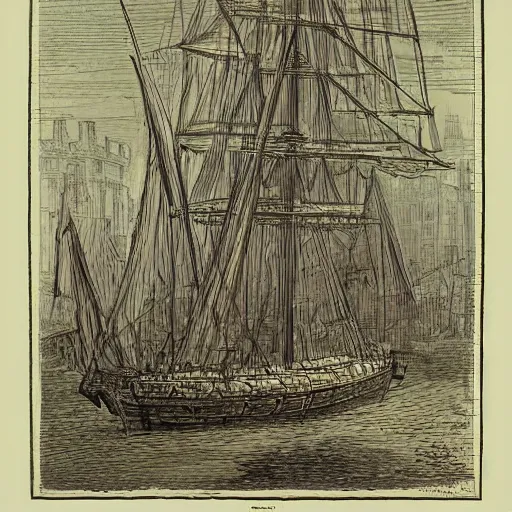 Image similar to lines, kaleidoscopic by eastman johnson, by john tenniel fluorescent purple, scooby doo. a drawing of a tall ship sailing through a cityscape. the ship is adorned with intricate details, while the cityscape is filled with towering palaces & other grand buildings.