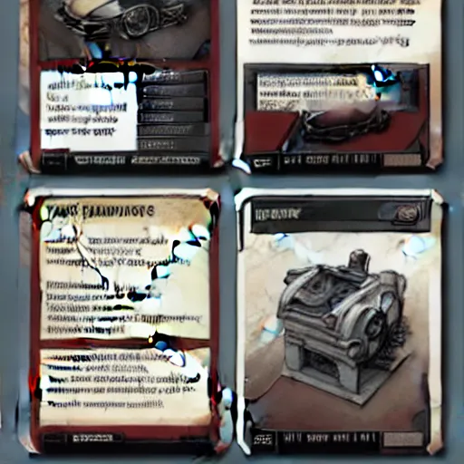 Prompt: car engine car parts concept art card, comic page, dishonored style, ui card