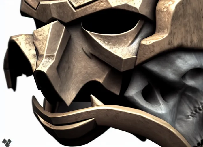 Prompt: tusked damaged brushed metal skull mask, stylized stl, 3 d render, activision blizzard style, hearthstone style, darksiders art style
