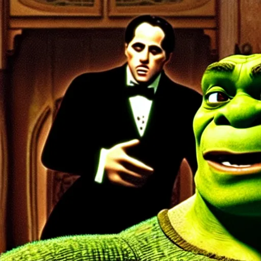 Prompt: movie still, shrek as michael in the godfather, realistic photo, 1 9 8 0, old movie