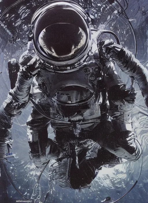 Image similar to astronauts in dark and empty void underwater - complex and hyperdetailed technical suit. reflection and dispersion materials. rays and dispersion of light. volumetric light. 5 0 mm, f / 3 2. noise film photo. flash photography. ultra realistic, wide angle. poster by wayne barlowe, hajime sorayama aaron horkey, craig mullins