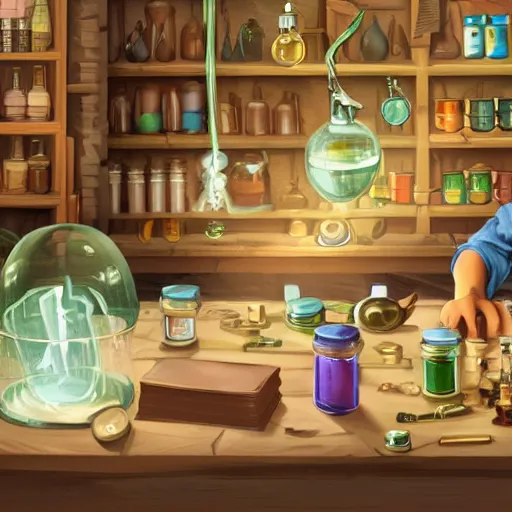 Prompt: An alchemist sitting in his workshop creating potions and formulas