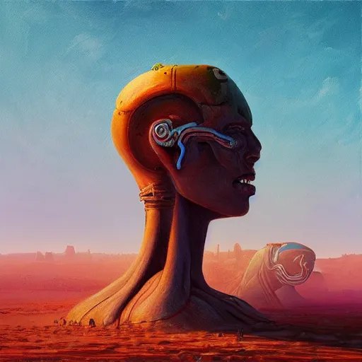 Image similar to beautiful painting of ancient colossal heads towering over wanderers in a desert of salt in the style of Simon Stålenhag and H. R. Giger, detailed, trending on Artstation