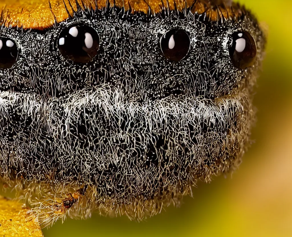 Prompt: hd macro photo of a jumping spider sitting on a leaf looking at the camera, in the reflection of its eyes you can see neotokyo, high resolution photo, macro, detailed