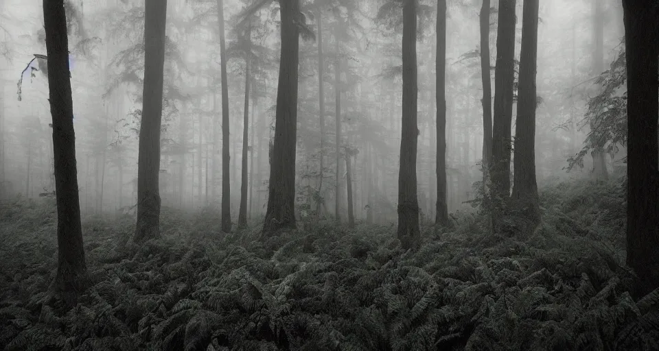 Image similar to deep inside the forest, fog, mist, moss, ferns, by ansel adams, polaroid