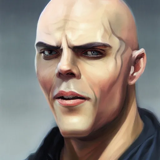 Prompt: a head - on detailed oil portrait of a round - faced bald male martial artist with a large friendly smile, by charlie bowater, lise deharme, wlop, trending on artstation, dungeon and dragons art, l critical role