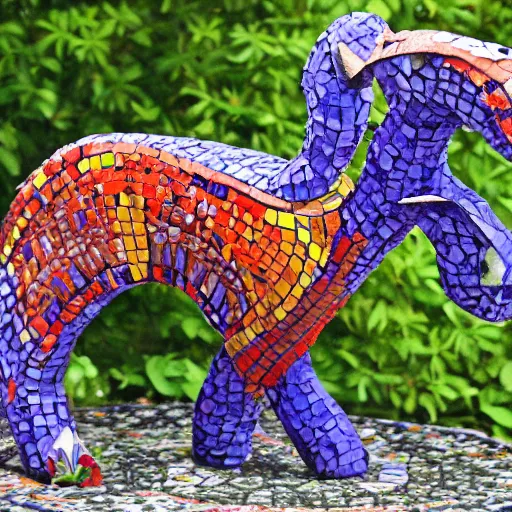 Prompt: mosaic sculpture of a alebrije chimera!!!, irregularly shaped mosaic tiles, hand glazed pottery shards, in a cottagecore flower garden