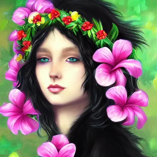 Image similar to oil painting portrait of a long haired fluffy black Cat wearing flower crown and lei necklace on tropical island background digital Art, concept Art, highly detailed, 3-D 4K, trending on art station, Mark Brooks,