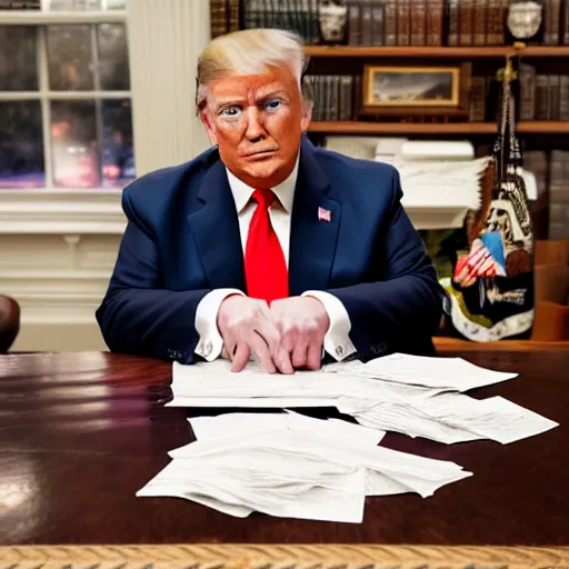 Prompt: candid portrait photo of president trump at his desk eating papers with his bare hands, detailed portrait, 4 k, megapixel, sony a 7 s, f / 8, 2 4 mm lens
