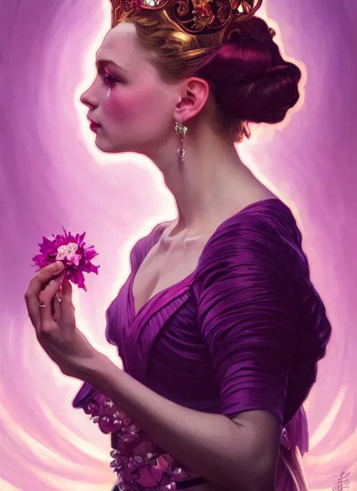 Image similar to leyendecker, brom, lovely regal queen, portrait, updo of black and pink ombre hair, crown, flowerpunk, crystal coated violet flowers, by greg rutkowski, anato finnstark, alphonse mucha, global illumination, radiant light