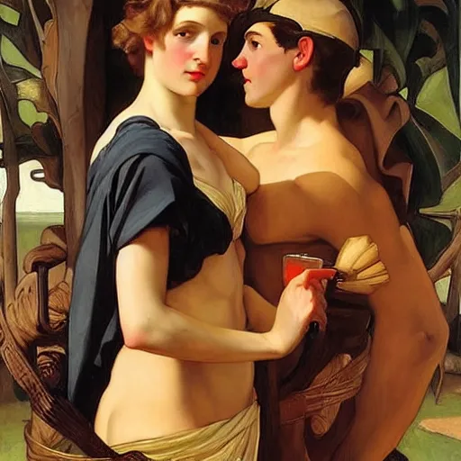 Image similar to biblical david and goliath are actually good friends and are having a pint together, by j. c. leyendecker, tamara de lempicka, bouguereau