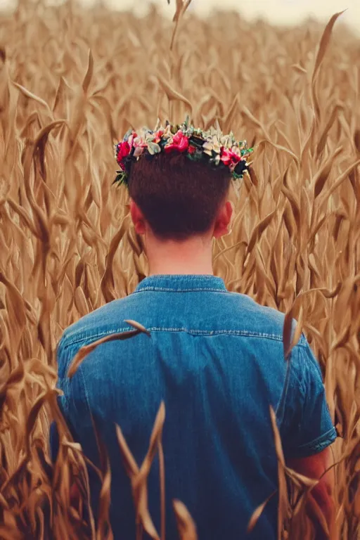 Image similar to agfa vista 4 0 0 photograph of a skinny blonde guy standing in a dark cornfield, flower crown, back view, grain, moody lighting, moody vibe, telephoto, 9 0 s vibe, blurry background, vaporwave colors!, faded!,