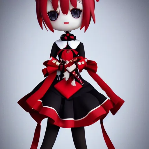 Prompt: cute fumo plush of a gothic maiden in a black and red gold lined uniform, laces and ribbons, soft shadow, anime girl, vray, symmetry, white frame