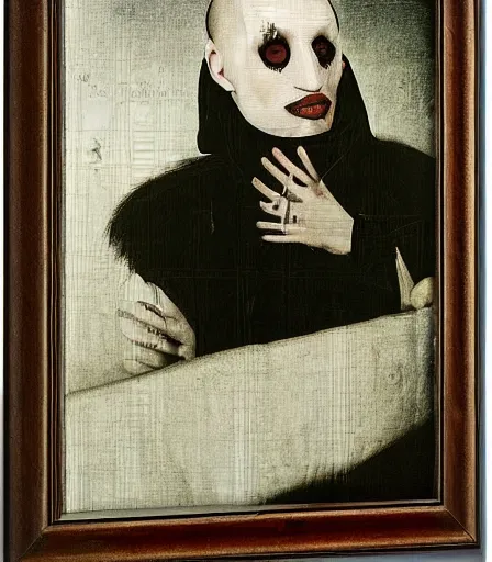 Image similar to portrait of marilyn manson by joel peter witkin and hieronymus bosch, high quality, high detail