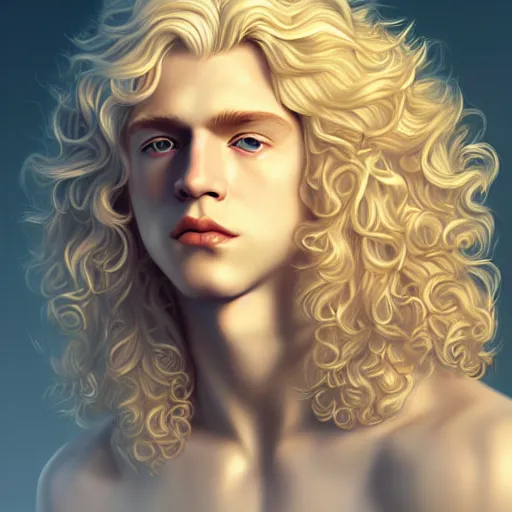 Image similar to the pale blond androgynous male god of the sun, highly detailed, very very very curly golden blond hair, baroque curls, curtain bangs, central parted fringe, extremely luscious curly blond hair, very very very pale white skin, digital painting, artstation, concept art, soft light, sharp focus, illustration