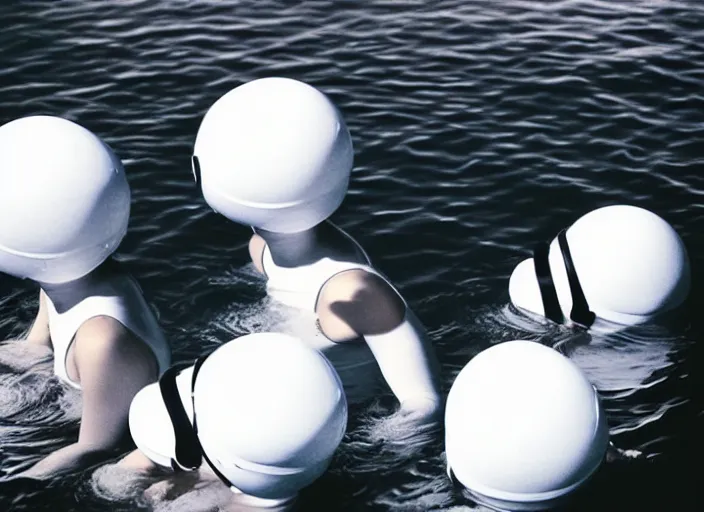 Image similar to realistic photo of a group of common girls in white tights, wearing white spherical helmets, spherical hats, in a big pool with dark black oil water, in a center of the pool with grey black mercury oil water, the sky is grey 2 0 0 0, life magazine photo,