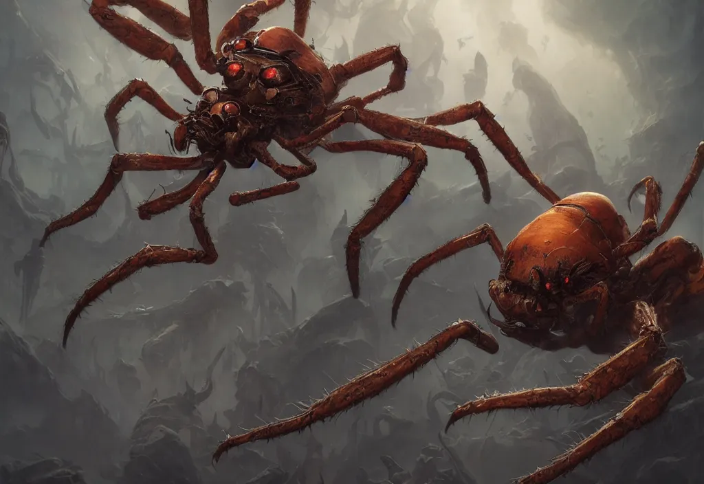 Image similar to a large menacing anthropomorphic spider, subsurface scattering, by jesper ejsing, justin gerard, tomasz alen kopera, cgsociety and fenghua zhong, highly detailed, rim light, cinematic lighting, illustration, art, octane render, very coherent, cinematic, hyper realism, high detail, octane render, 8 k