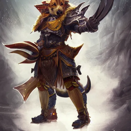 Image similar to shiba inu Dog, battle armour, Anthropomorphized, casting epic spell, magic the gathering artwork, D&D, fantasy, cinematic lighting, centered, symmetrical, highly detailed, digital painting, artstation, concept art, smooth, sharp focus, illustration, volumetric lighting, epic Composition, 8k, art by Akihiko Yoshida and Greg Rutkowski and Craig Mullins, heroic pose, oil painting, cgsociety, magic lab background