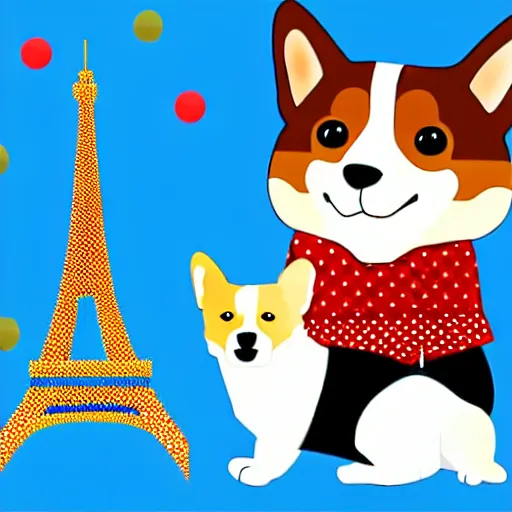 Image similar to illustration of french boy playing football with a corgi wearing a polkadot scarf in front of the eiffel tower