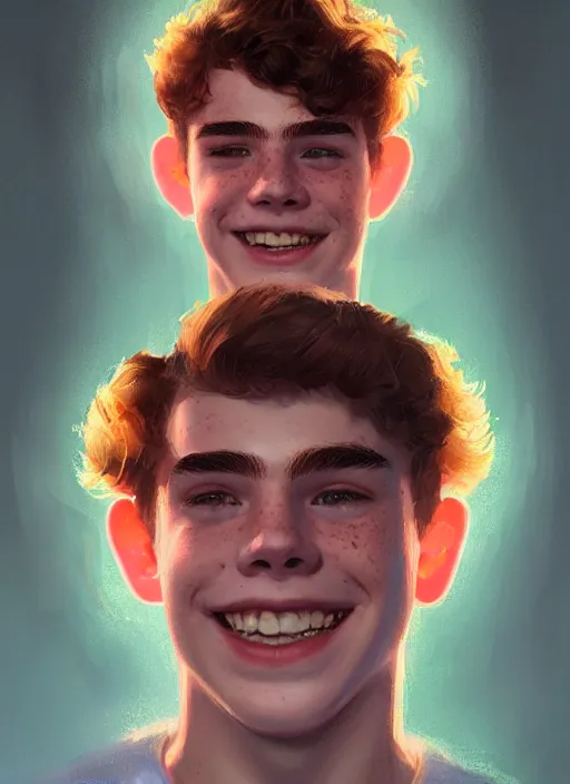 Image similar to portrait of teenage archie andrews, freckles, curly middle part haircut, curly hair, smiling kindly, intricate, elegant, glowing lights, highly detailed, digital painting, artstation, concept art, smooth, sharp focus, illustration, art by wlop, mars ravelo and greg rutkowski