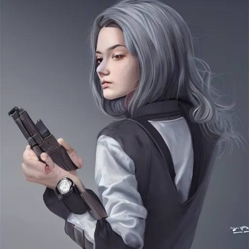 Prompt: a girl wearing a business, she has grey hair and is holding a gun, digital painting, smooth, hd, realist, artstation, deviantart, art by tran ross and