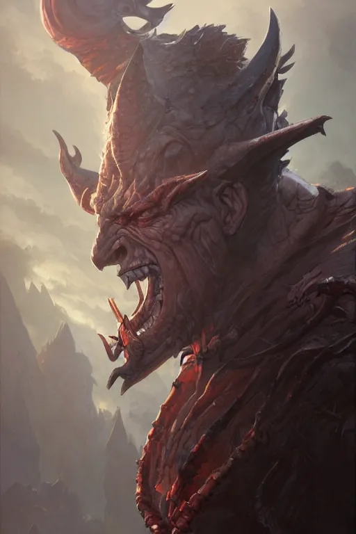 Image similar to dungeons and dragons evil devil character closeup side profile portrait, dramatic light, dungeon background, 2 0 0 mm focal length, painted by stanley lau, painted by greg rutkowski, painted by stanley artgerm, digital art, trending on artstation