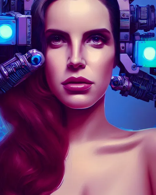 Prompt: portrait of lana del rey as a cyborg. intricate abstract. intricate artwork. by tooth wu, wlop, beeple, dan mumford. octane render, trending on artstation, greg rutkowski very coherent symmetrical artwork. cinematic, hyper realism, high detail, octane render, 8 k, iridescent accents