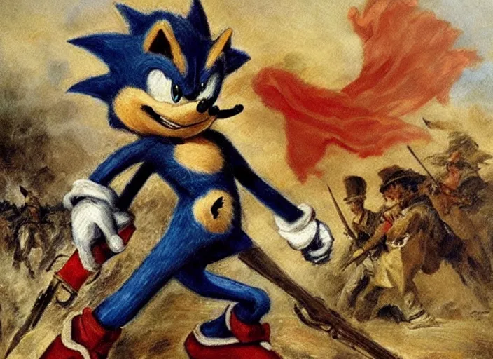 Prompt: romanticism painting of sonic the hedgehog during the french revolution, by eugene delacroix