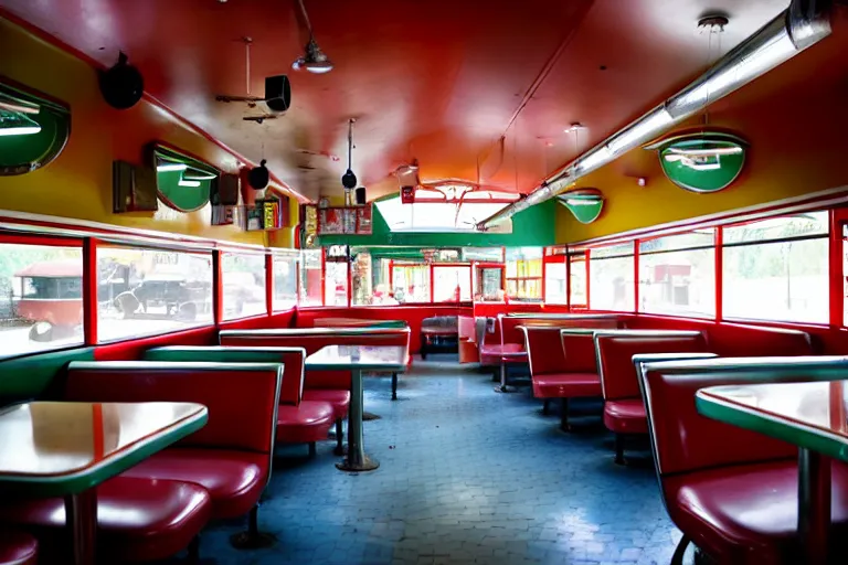 Prompt: 1 9 7 5 googie oregon train themed classic american diner, people sitting at tables, googie architecture, one point perspective, americana, restaurant interior photography, hd 4 k, taken by alex webb