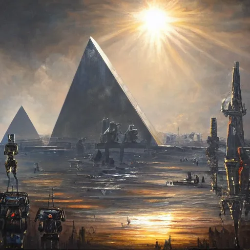 Prompt: detailed intricate epic atmospheric oil painting, millions of robot androids surrounding a gleaming steel and glass pyramid reflecting the bright sun