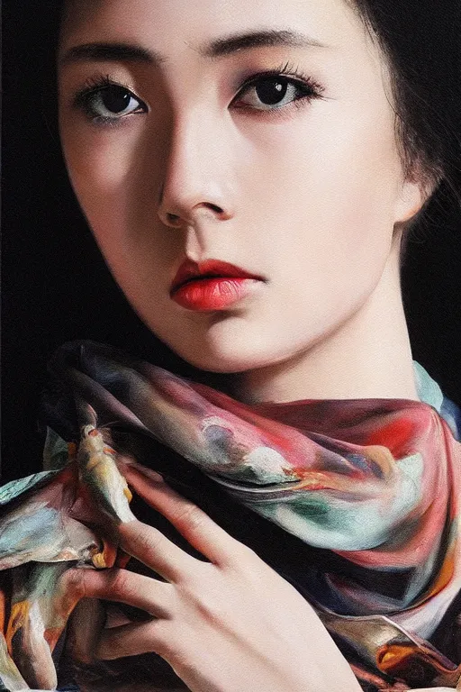 Prompt: hyperrealism oil painting, complete darkness background, soft light, close - up portrait, fashion model, start scarf, in style of classicism mixed with 8 0 s japanese sci - fi books art