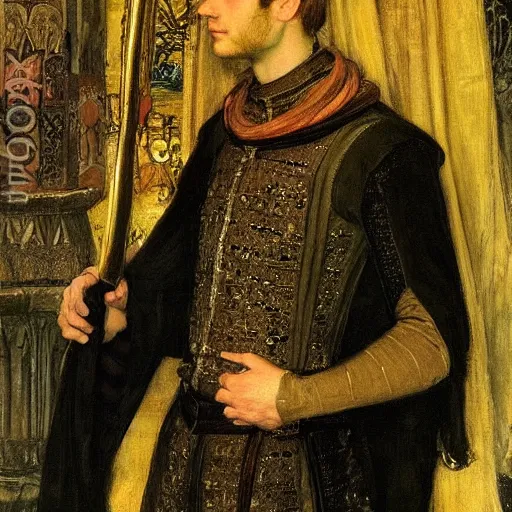 Image similar to painting of handsome beautiful medieval prince in his 2 0 s named shadow wearing a golden crown, elegant, soft facial features, clear, sharp focus, painting, stylized, art, art by john everett millais, john william waterhouse