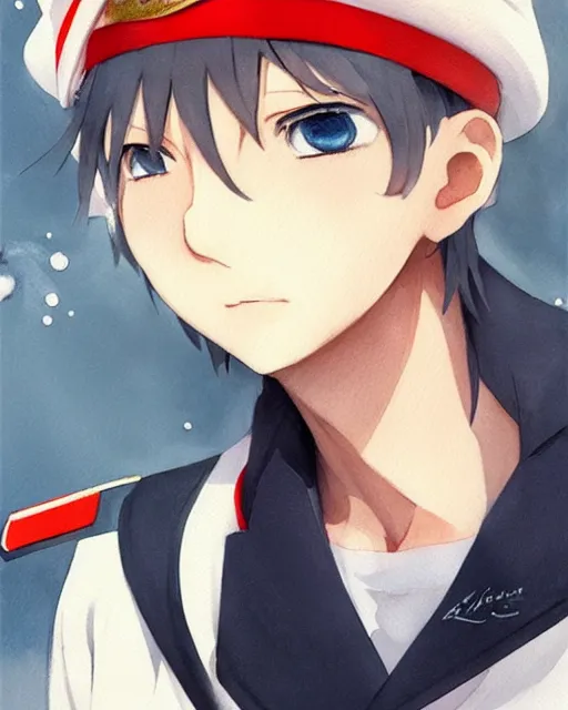 Prompt: a 3 / 4 view portrait of a feminine anime boy with white hair wearing soviet sailor outfit and a sailor hat, pixiv, artstation, art by artgerm ilya kuvshinov makoto shinkai and ( valentin bernardsky ), watercolor, sharp focus, cute, kawaii, high quality