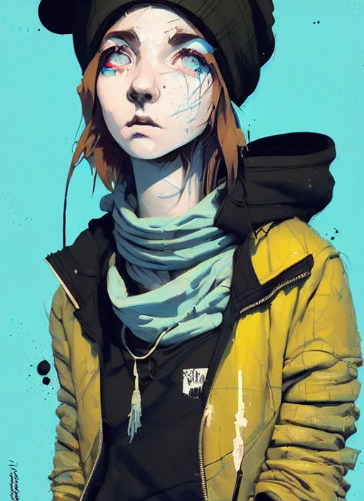 Prompt: highly detailed portrait of a sewer punk lady student, blue eyes, tartan hoody, hat, white hair by atey ghailan, by greg rutkowski, by greg tocchini, by james gilleard, by joe fenton, by kaethe butcher, gradient yellow, black, brown and cyan color scheme, grunge aesthetic!!! ( ( graffiti tag wall background ) )