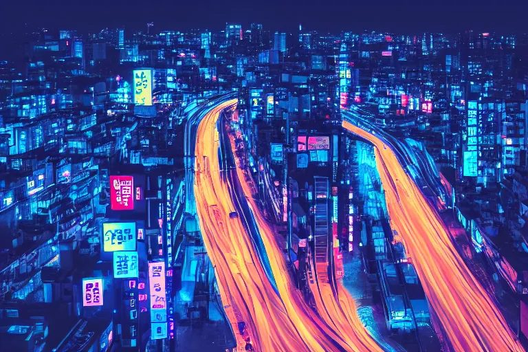 Image similar to aerial photo of neon tokyo street at night futuristic aesthetic matte painting, wallpaper, unsplash, colorful, style of aenami alena, neon blue color, vaporwave,