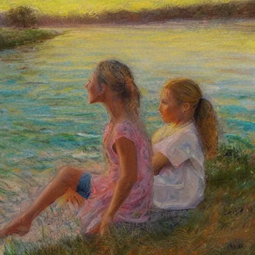 Image similar to girl with curly blonde hair sits next to her white pitbull, sitting on a riverbank watching the sunset, painting by marc fishman