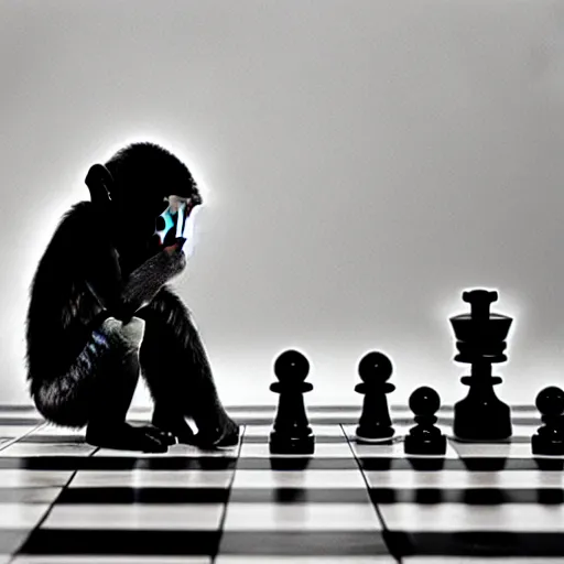 Image similar to black and white portrait photo of a monkey scratching his head, looking at a chess board, confused, annie liebovitz,