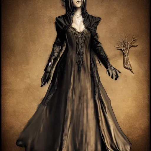 Image similar to full length portrait of a woman with timeless beauty & breathtaking eyes dressed in gothic attire, intricate digital art, elegant, DSLR 8K, biblical art, realism, incomprehensible detail, final fantasy & silent hill aesthetic, photorealistic, lifelike, created by Razaras on deviantart