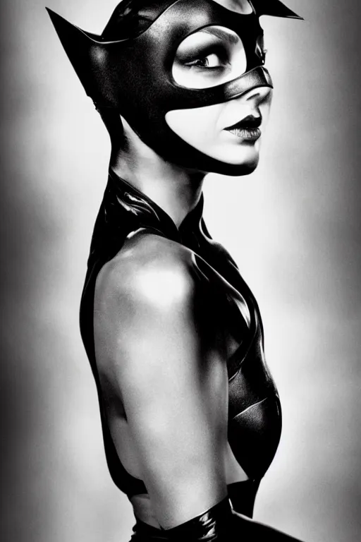 Prompt: photograph of Catwoman by Peter Lindbergh, portrait,