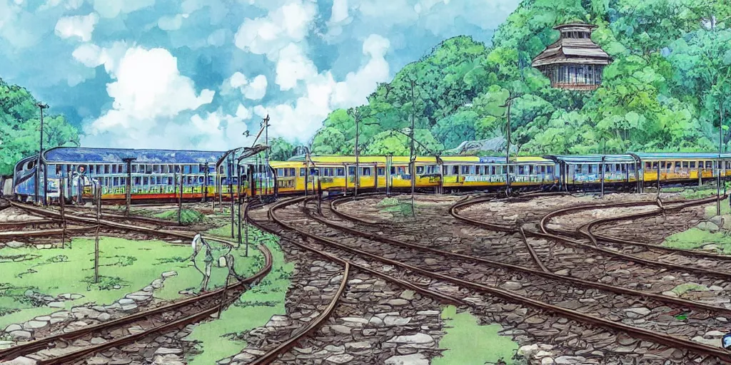 Image similar to sri lankan train station, drawn by hayao miyazaki