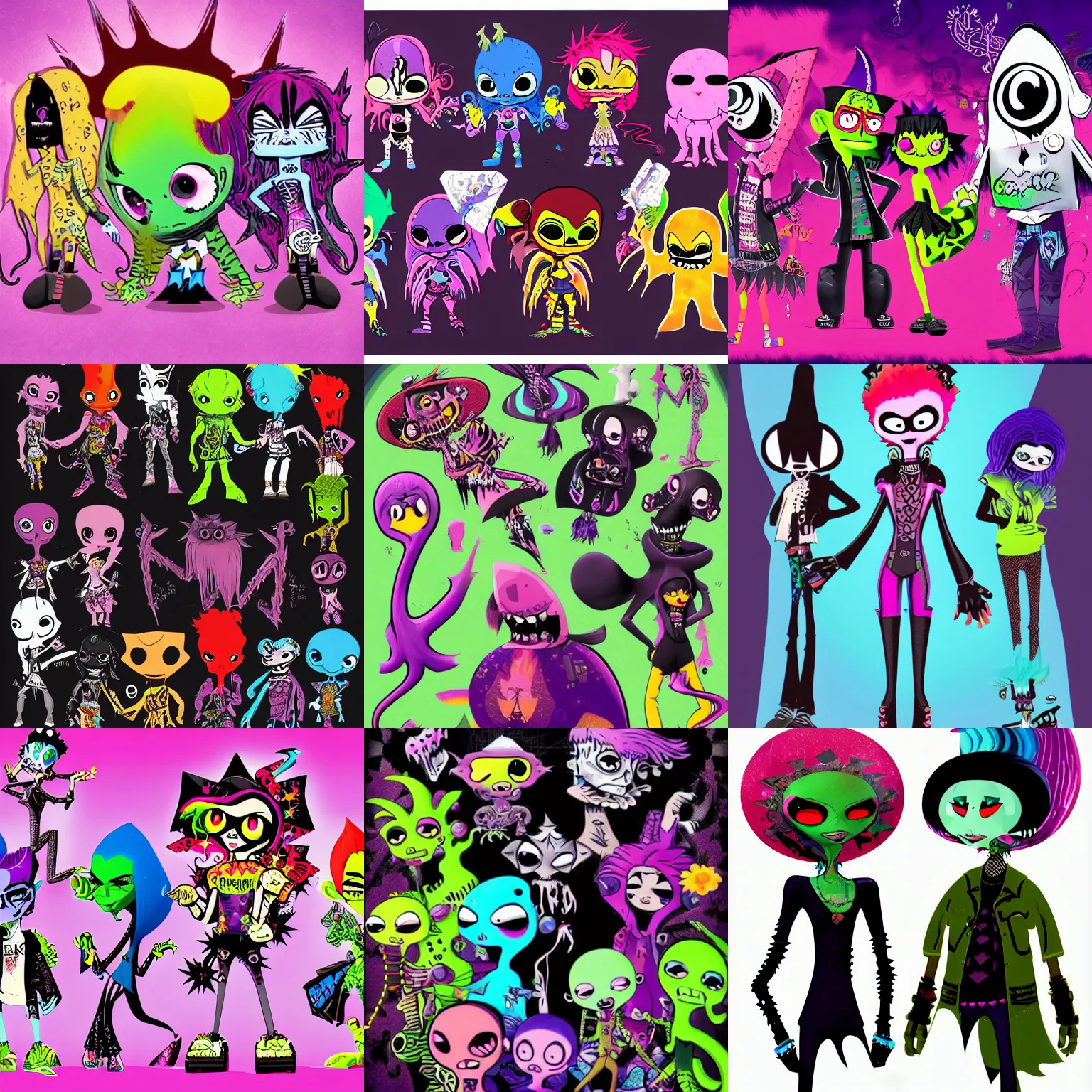 Prompt: lisa frank gothic punk vampiric rockstar vampire squid concept character designs of various shapes and sizes by genndy tartakovsky and the creators of fret nice at pieces interactive and splatoon by nintendo and the psychonauts by doublefine tim shafer artists for the new hotel transylvania film managed by Jamie Hewlett from gorillaz