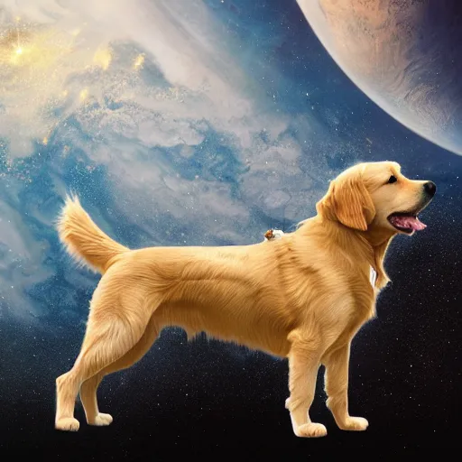 Image similar to a golden retriever in a space suit, masterpiece, highly detailed, high quality, 4 k, anatomically correct, hyperrealistic, concept art, octane render, unreal engine 5, trending on artstation, trending on deviantart, matte, historical painting, fantasy style, path traced, high coherence, soft lighting, digital painting, mythical