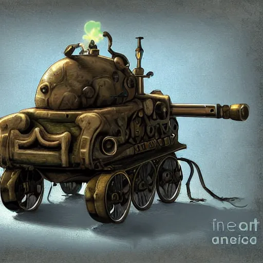 Image similar to a tank with mechanical legs, a gnome peeking out, steam punk, detailed digital art