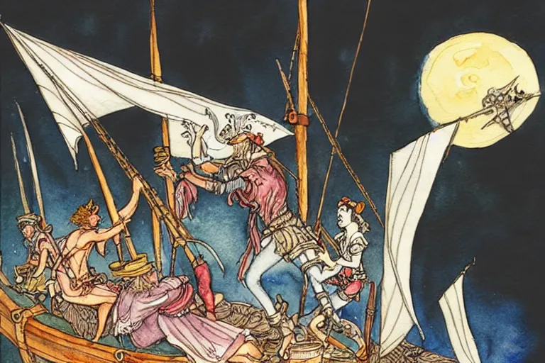 Image similar to sirens raid a pirate ship and attack everyone onboard watercolor painting, art by walter crane and arthur rackham, illustration style, watercolor