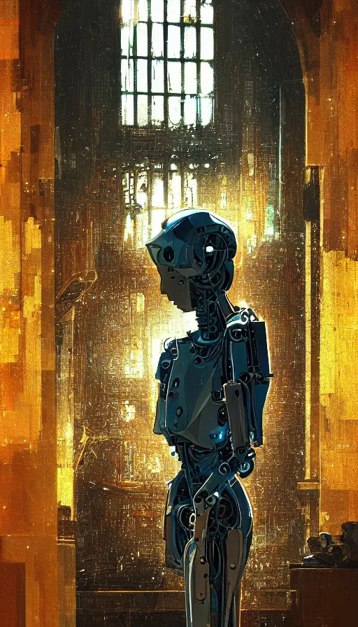 Image similar to portrait of broken humanoid metal robot praying in empty church, sunshine through window, bladerunner, cold color scheme, digital illustration, artstation, cinematic composition, detailed textures