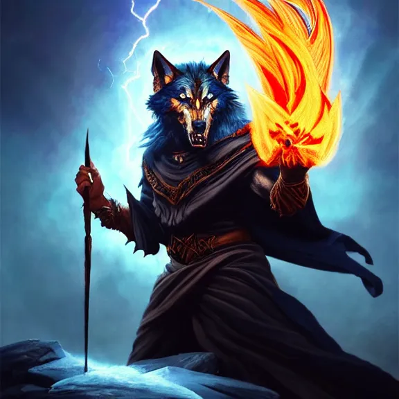 Image similar to magic wolf sorcerer casting a powerful arcane magic spell, fire, ice, lightning, fantasy, occult, majestic pose, dramatic lighting, cinematic scene, frank frazetta, visually stunning, sharp focus, highly detailed, colorful, trending on artstation, cgsociety, artgerm, award - winning