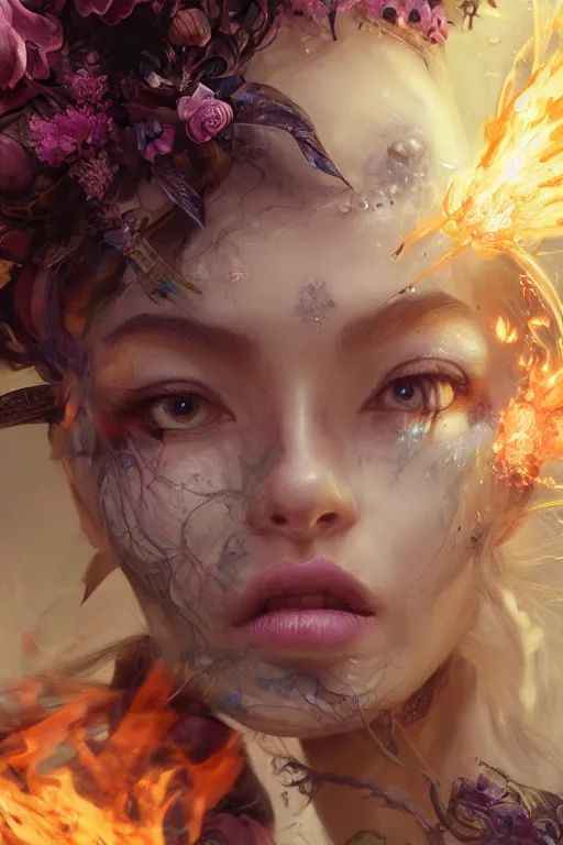 Prompt: face closeup of beautiful girl necromancer, witch - doctor exploding into flowers, angels, 3 d render, hyper - realistic detailed portrait, holding fire and electricity, leaves and magic, ruan jia, wlop. scifi, fantasy, magic the gathering, hyper detailed, octane render, concept art, peter mohrbacher