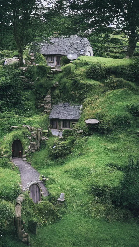 Image similar to studio ghibli hobbit home in the irish countryside, the shire, 35mm photography by gregory crewdson