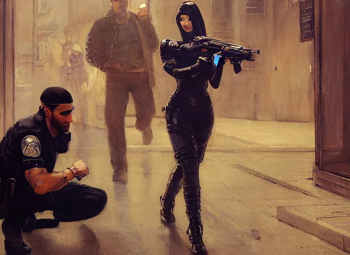 Image similar to Maria evades sgt Griggs. Cyberpunk hacker escaping Menacing Cyberpunk mall cop griggs. (dystopian, police state, Cyberpunk 2077, bladerunner 2049). Iranian orientalist portrait by john william waterhouse and Edwin Longsden Long and Theodore Ralli and Nasreddine Dinet, oil on canvas. Cinematic, vivid colors, hyper realism, realistic proportions, dramatic lighting, high detail 4k